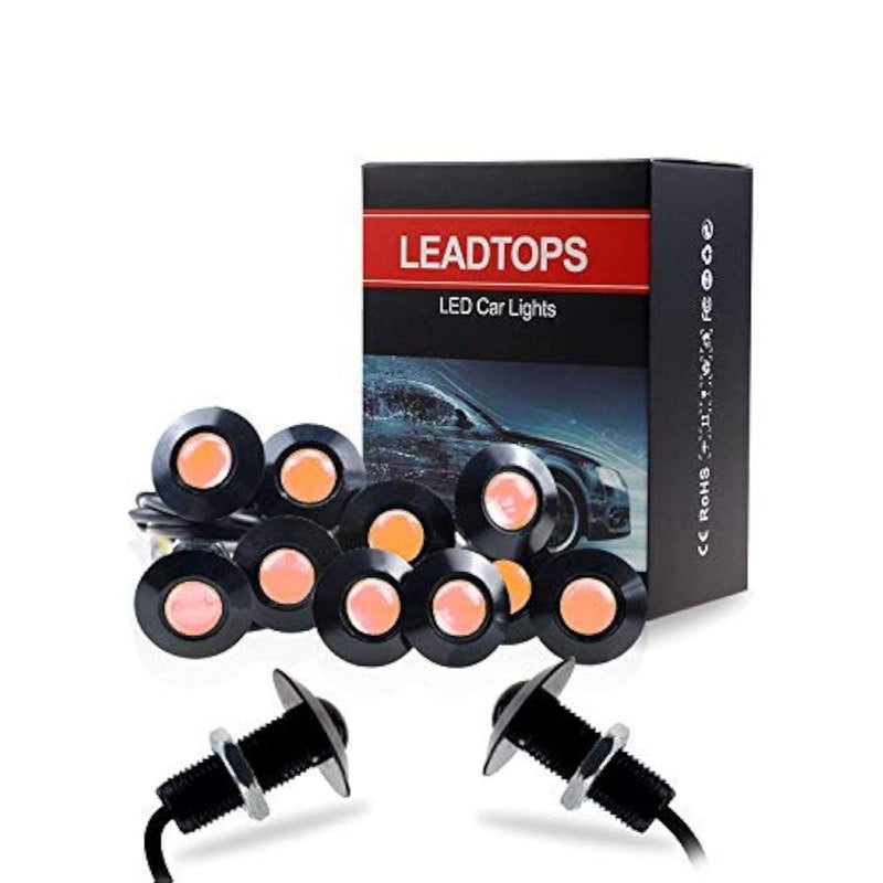 LEADTOPS Eagle Eye LED Lights, 10-pack DIY 12V Ultra thin 23mm Eagle Eye Bulb Fog Tail DRL Daytime Running Lights Yellow Kit for Car Motorcycle (Yellow, Black)